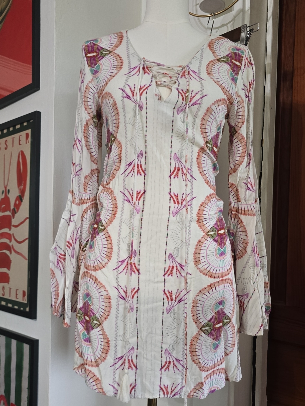 Cleobella Cream Boho Dress with Pink and Peach Embroidery